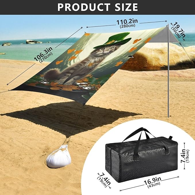 St Patrick's Day Leprechaun Cat Beach Tent Sun Shelter Set UPF50+ UV Protection 10.5 x 9.19 FT Camping Shade Canopy with Sandbags Sand Anchors Carrying Bag and Others