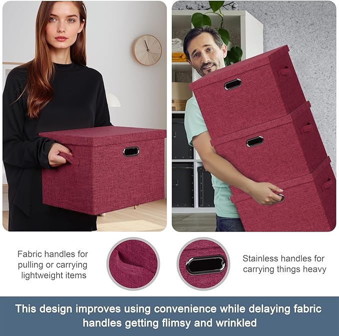 Graciadeco Large 17 36 Quart Collapsible Stackable Storage Bins with Lids 3 Packs Bright Red Linen Fabric Closet Boxes with Lids Storage Cube Baskets Container Organizers for Office (17x12x11)