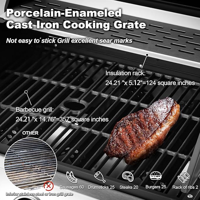 MELLCOM Upgraded 44000 BTU Stainless Steel Burner Barbecue Grill 4 Burner BBQ Propane Gas Grill with Side Stove &amp Cast Iron Grates for Patio Camping Outdoor Cooking