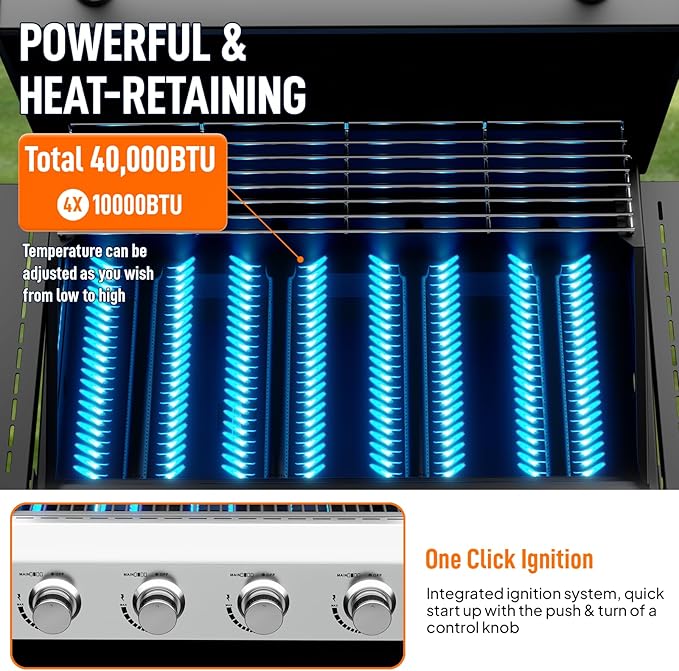 ROVSUN 4 Burner Propane Gas Grill with Foldable Side Shelves 40000BTU BBQ Grills with Enameled Cast Iron Grates Cabinet &amp Poratable Rolling Wheels for Outdoor Garden Patio Backyard Barbecue Cook