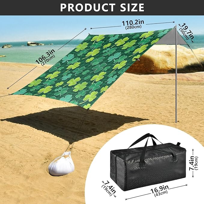 Beach Canopy with Windproof Ropes &amp Sandbags Beach Tent Sun Shade Sun Shelter for Camping Trips Fishing Backyard Fun or Picnics St. Patrick's Day Clover