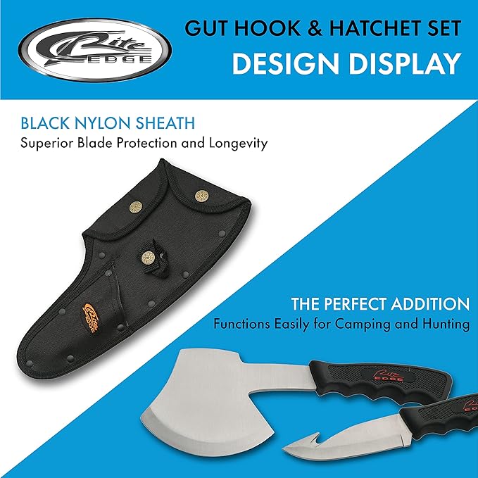 Rite Edge 2-Piece Hunting Knife and Hatchet Set – Stainless Steel Gut Hook and Survival Axe with Nylon Sheath for Camping Hiking and Outdoors