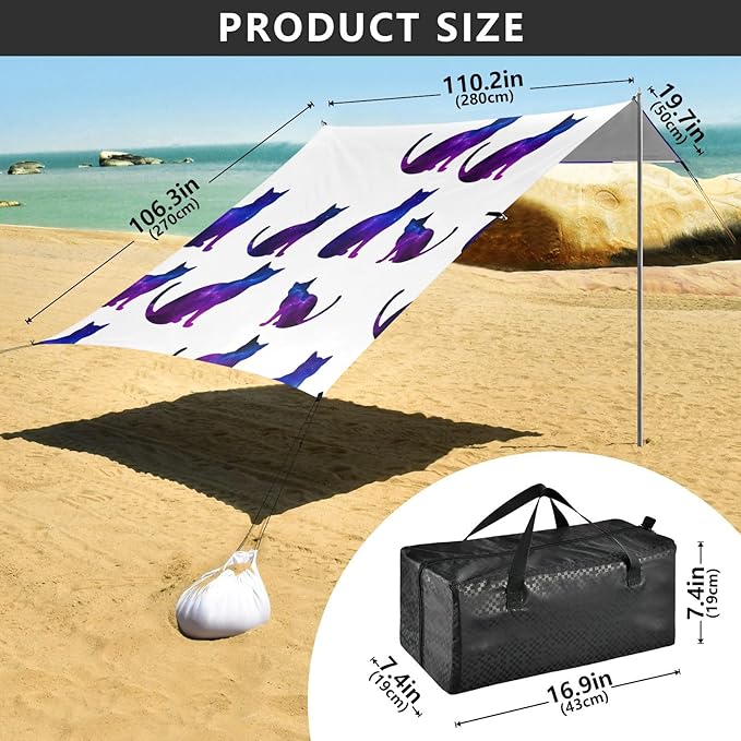 xigua Cat Pattern Beach Tent Sun Shelter with Carrying Bag - Silver Coated Oxford Fabric Beach Canopy for Beach Camping Fishing - Includes Windproof Ropes Sandbags &amp Stakes