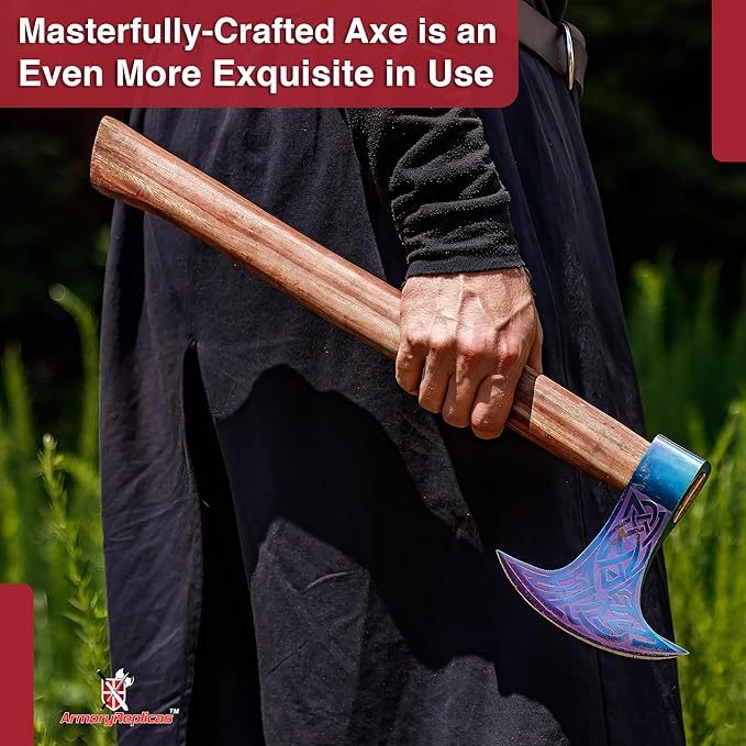 Armory Replicas™ Titanium Colored Decorative Axe – 23 Sheesham Wood Handle with Knot Work Motif and Crescent Blade