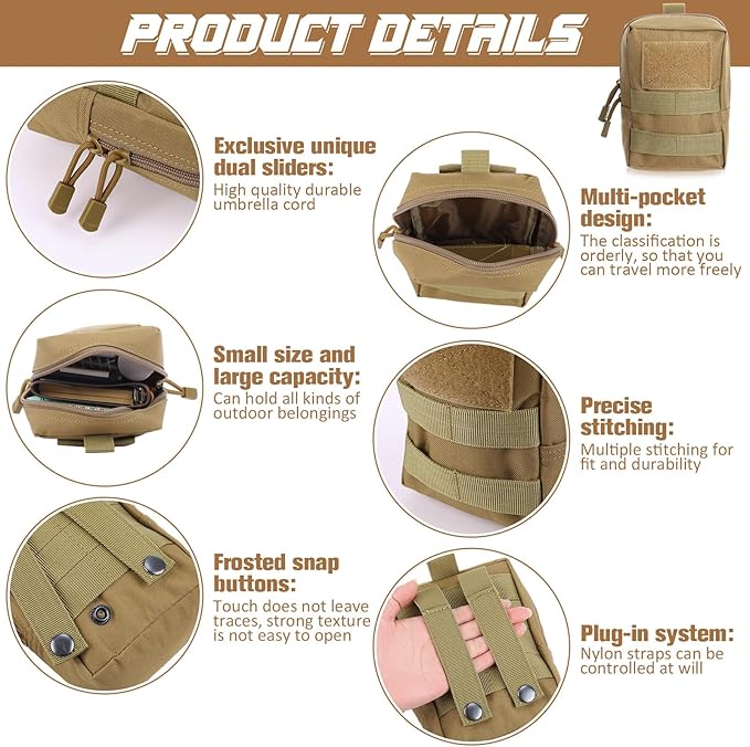 Cunno 8 Pcs Molle Pouches Tactical Molle Pouch Vest Pouch Cell Phone Belt Pouch Waterproof Waist Bag Pack Utility EDC Pouch Bag Compact Accessories Gadget Pocket Organizer