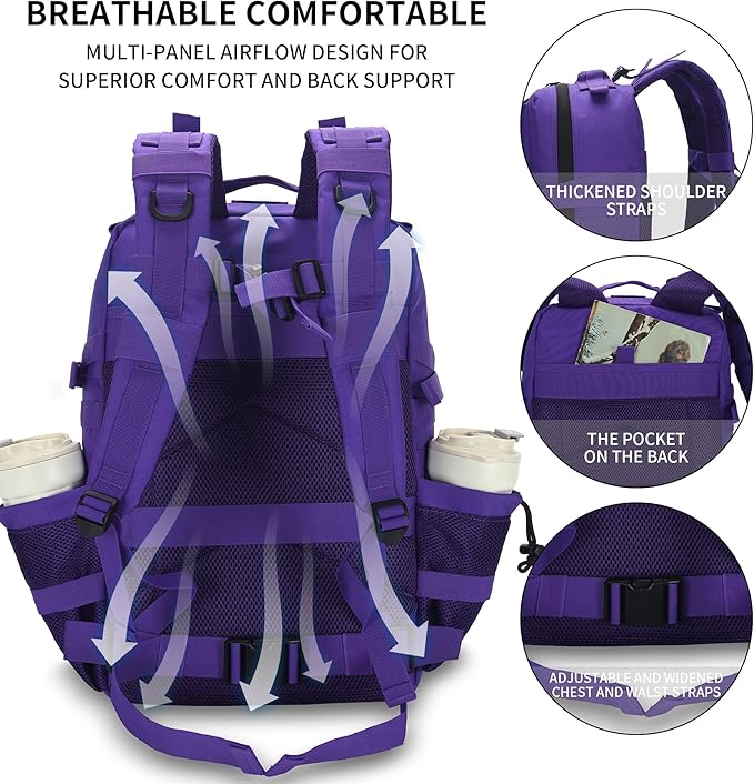 Sparklekle Military Tactical Backpack 45L 3 Day Assault Pack Waterproof Molle Hiking Rucksack for Men&ampWomen (Purple)