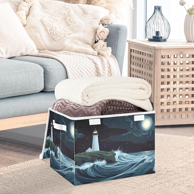Storage Cube with Lid Cartoon Lighthouse Print 16.5×12.6×11.8 IN 1 Pack Collapsible Large Capacity Foldable Storage Basket Bin Organizer
