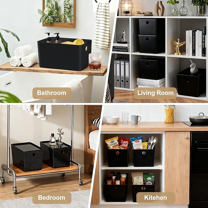 Soddeph 4 Pack Thick Plastic Storage Box with Lid Durable Stackable Storage Bins Hard Plastic Organizer Baskets for Home Office Small Storage Containers 10.1 x 7 x 5.8 (Black with Lid)