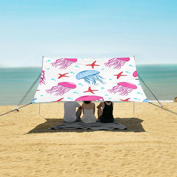 Beach Canopy with Windproof Ropes &amp Sandbags Beach Tent Sun Shade Sun Shelter for Camping Trips Fishing Backyard Fun or Picnics Jellyfish