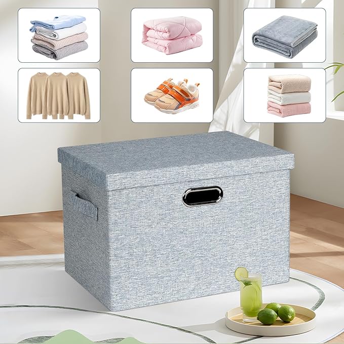Graciadeco Large 17 36 Quart Collapsible Stackable Storage Bins with Lids 3 Packs Blue-Grey Linen Fabric Closet Boxes with Lids Storage Cube Baskets Container Organizers for Bedroom (17x12x11)