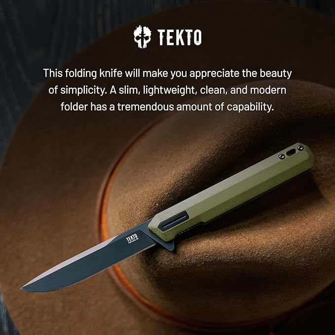 TEKTO F2 Bravo Folding Pocket Knife - D2 Steel Blade Ceramic Ball Bearings - EDC - Snap Swift Flip for Camping Backpacking - 2.4oz (68g) G10 OD Green Handle Black Titanium Accents