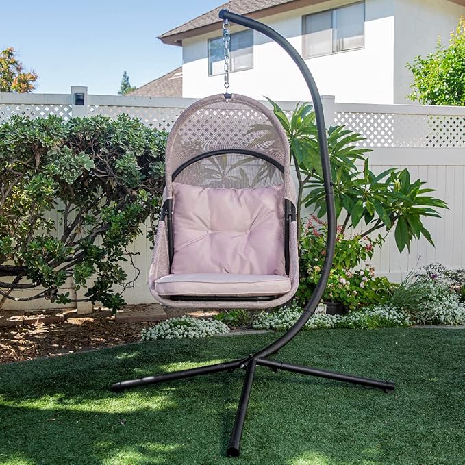 Barton Hanging Chair Egg Chair Cushion w/Canopy Indoor/Outdoor Basket Lounge Seat Collapsible Egg Chair Beige