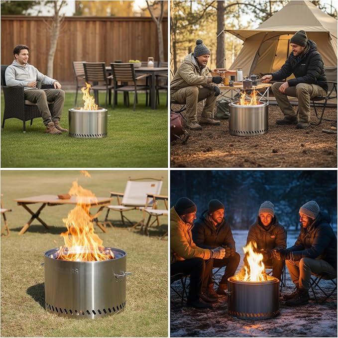 Golabs Smokeless Fire Pit 19.5 Portable with Handle Stainless Steel Outdoor Firepit with Removable Ash Pan &amp Fire Poker Easy to Clean Efficient Heating &amp Less Ash Perfect for Backyard &a