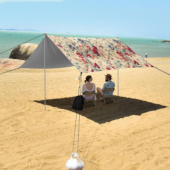 Vintage Sweet Pea Floral Beach Tent Sun Shelter Set UPF50+ UV Protection 10.5 x 9.19 FT Camping Shade Canopy with Sandbags Sand Anchors Carrying Bag and Others