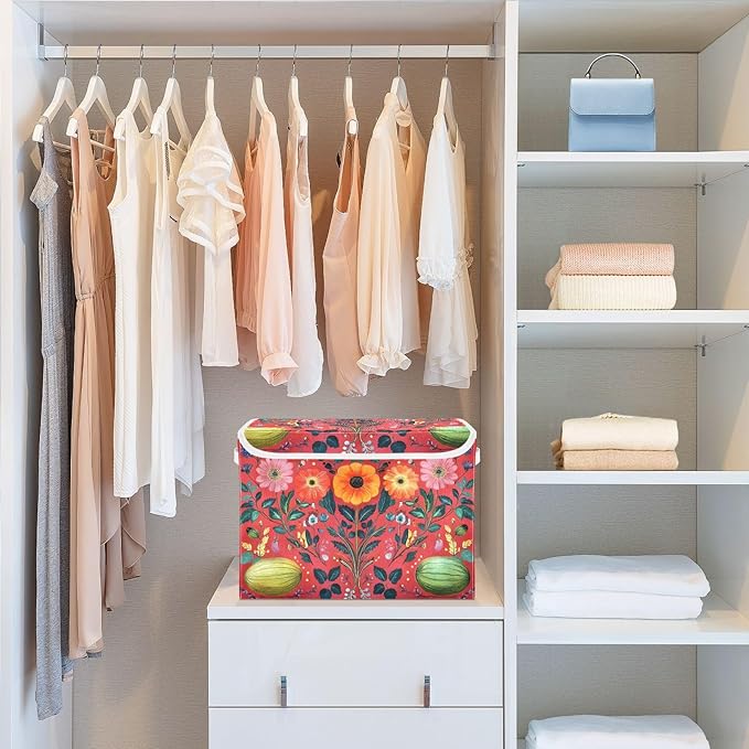 AIXIWAWA Lidded Storage Cube (Pattern Flowers) Fabric Foldable Closet Bins with Flip Lid and Handles Organizer Basket Container 16.5 x 12.6 x 11.8 IN