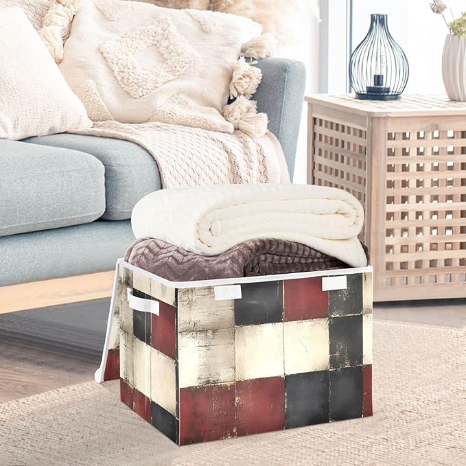 AIXIWAWA Lidded Storage Cube (Vintage Checkered) Fabric Foldable Closet Bins with Flip Lid and Handles Organizer Basket Container 16.5 x 12.6 x 11.8 IN