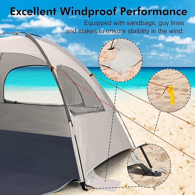 WhiteFang Beach Tent Anti-UV Portable Sun Shade Shelter for 3/4/6/8 Person Extendable Floor with 3 Ventilating Mesh Windows Plus Carrying Bag Stakes and Guy Lines