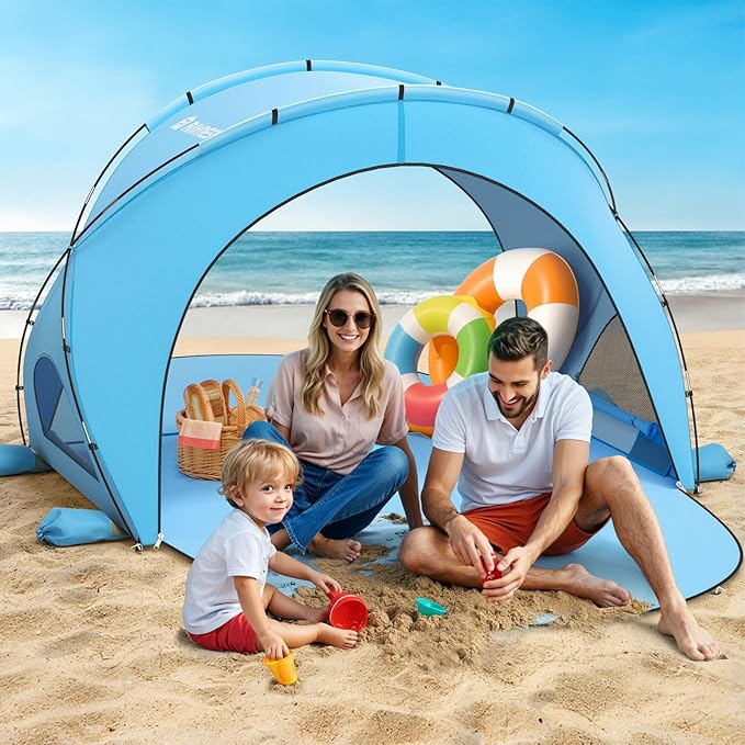 Raynesys Beach Tent Sun Shelter Beach Shade Tent with UPF50+ UV Protection Portable Sun Shelter for 1-3 Person Shade Tents with 2 Zippered Doors for Sand Camping Fishing Blue