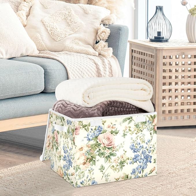 Collapsible Storage Bins with Lids Decorative Fabric Storage Cubes Closet Organizer and Storage Basket Boxes Containers for Clothes Box Chest Nursery Folding Rectangle Shabby Rose Bluebonnet