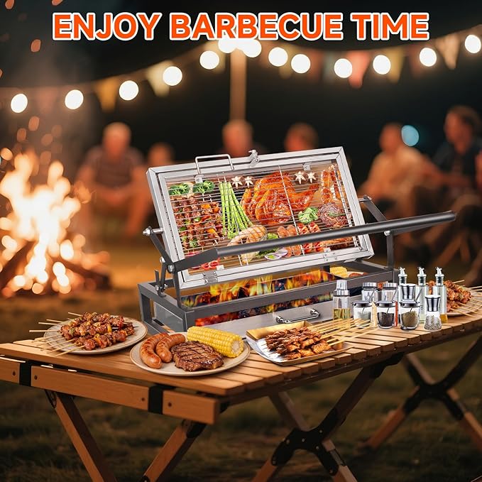 Tabletop Rotisserie Grill - Compact 360° Rotating Charcoal BBQ for Balcony &amp Camping Detachable Ash Pan (KA-6166T)