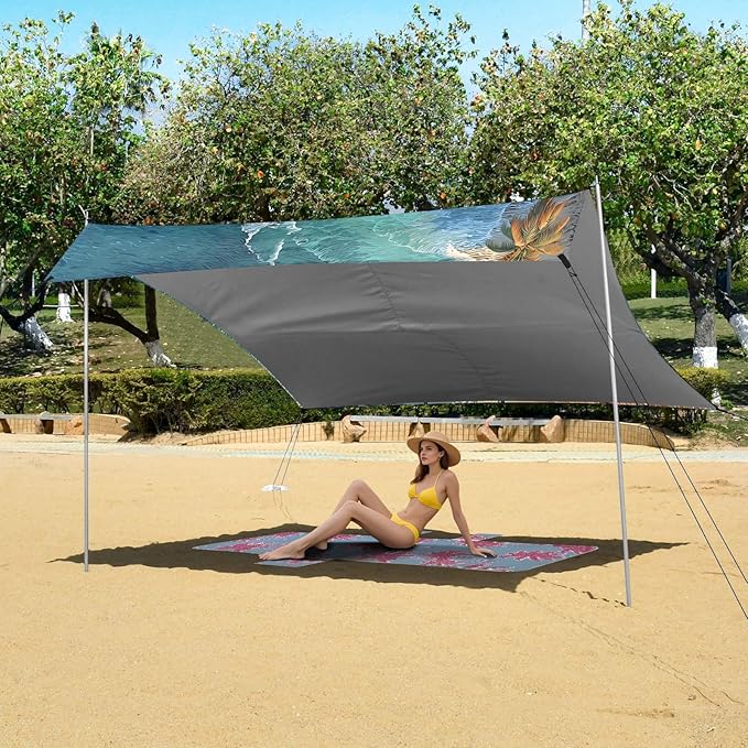 ALAZA Beach Palm Trees Beach Tent Sun Shelter UPF50+ Protection Beach Shade Canopy w/ 4 Sandbags for Outdoor Camping Fishing Backyard Fun Picnic 10x9 ft