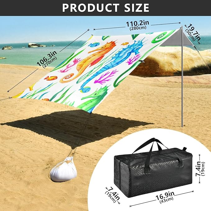 Beach Canopy with Windproof Ropes &amp Sandbags Beach Tent Sun Shade Sun Shelter for Camping Trips Fishing Backyard Fun or Picnics Seahorses