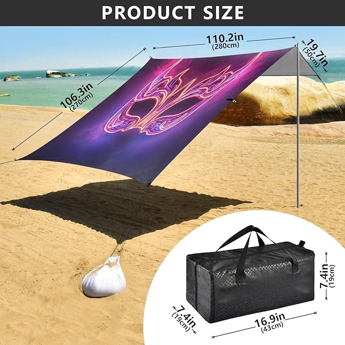 Carnival Masquerade Mask Pattern Beach Tent Sun Shelter Set UPF50+ UV Protection 10.5 x 9.19 FT Camping Shade Canopy with Sandbags Sand Anchors Carrying Bag and Others