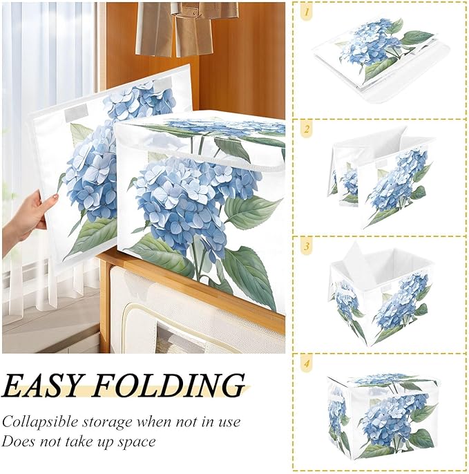 ALAZA Storage Bins Organizer Box Baskets Lidded Clothes for Shelves Closet Hydrangea Flower Blue Collapsible Stackable Storage Cubes Handles