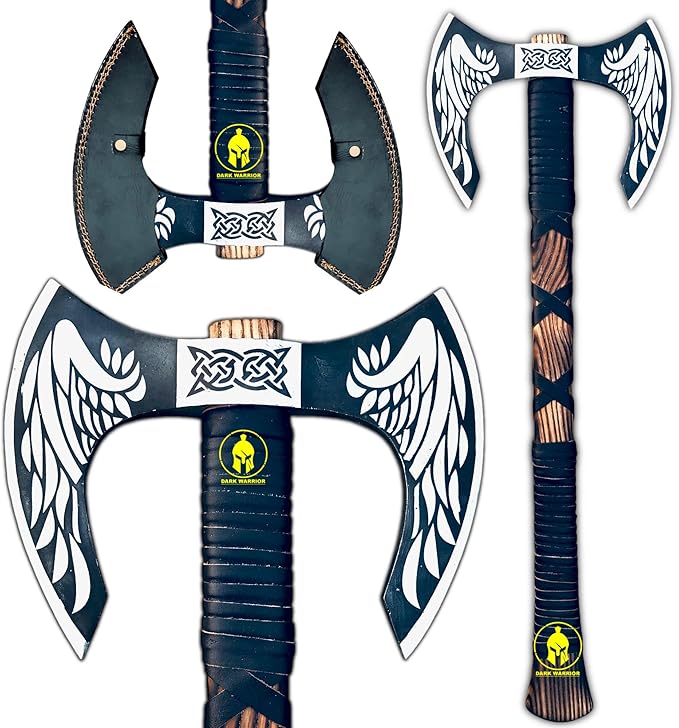 DARK WARRIOR- Handmade Viking Double Headed Axe Real Battle Two Sided Twin Blade Axe with Solid Handle Leather Sheath Best Gift for Him Viking Lover.