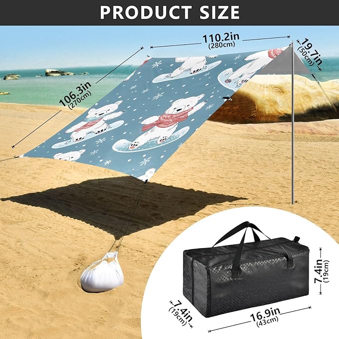 ALAZA Bear Snowboard Winter Beach Tent Sun Shelter UPF50+ Protection Beach Shade Canopy w/ 4 Sandbags for Outdoor Camping Fishing Backyard Fun Picnic 10x9 ft