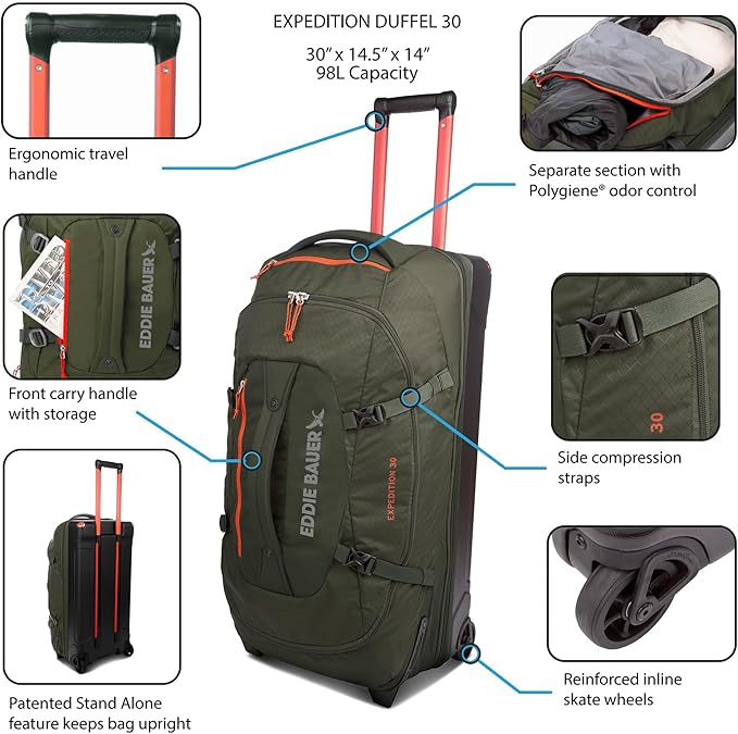 Eddie Bauer Expedition Rolling Duffel Bag with Wheels | Travel | Check-In | Luggage | Rugged | Durable - True Blue 30