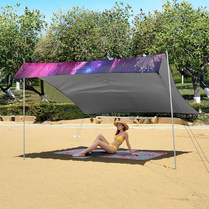 Carnival Masquerade Mask Pattern Beach Tent Sun Shelter Set UPF50+ UV Protection 10.5 x 9.19 FT Camping Shade Canopy with Sandbags Sand Anchors Carrying Bag and Others