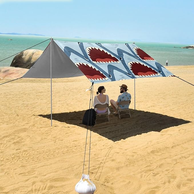 ALAZA Shark with Open Mouth Pattern Beach Tent Sun Shelter Portable Canopy Sunshade for Outdoor Camping Picnics Backyard Fun 10x9 ft