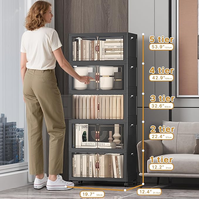 UAMFURI Extra Large Stackable Storage Bins with Lids &amp Wheels Foldable Collapsible Closet Organizers Dark Storage Cabinet with Doors for Bedroom Dorm