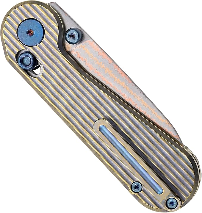 Hightron EdgePlay Premium Fidget Knife 2.64 Copper Damascus Blade and Titanium Handle Thumb Stud Opener and Axle Lock Pocket Knife with Pocket Clip For Men Women Camping Hiking Gold