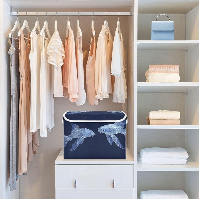 AIXIWAWA Lidded Storage Cube (Fishes Blue) Fabric Foldable Closet Bins with Flip Lid and Handles Organizer Basket Container 16.5 x 12.6 x 11.8 IN