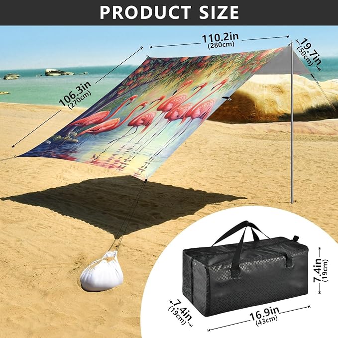 xigua Flamingos Beach Tent Sun Shelter with Carrying Bag - Silver Coated Oxford Fabric Beach Canopy for Beach Camping Fishing - Includes Windproof Ropes Sandbags &amp Stakes