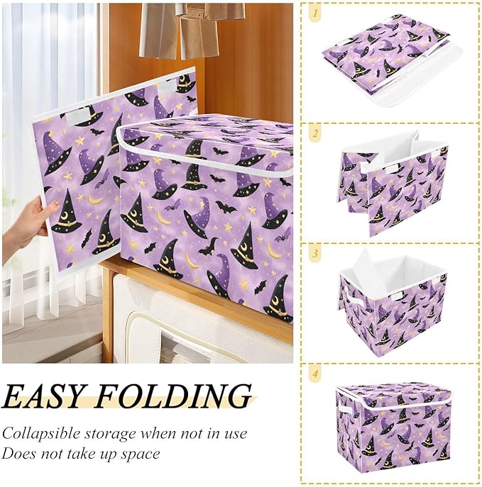 Halloween Purple Wizard Hats Bats Stars Storage Box with Lid 1 PC Foldable Storage Bin with Lids Stackable Storage Bins Cube Closet Organizer Basket with Flip-Top Lid &amp Handles for Shoes Books Tow