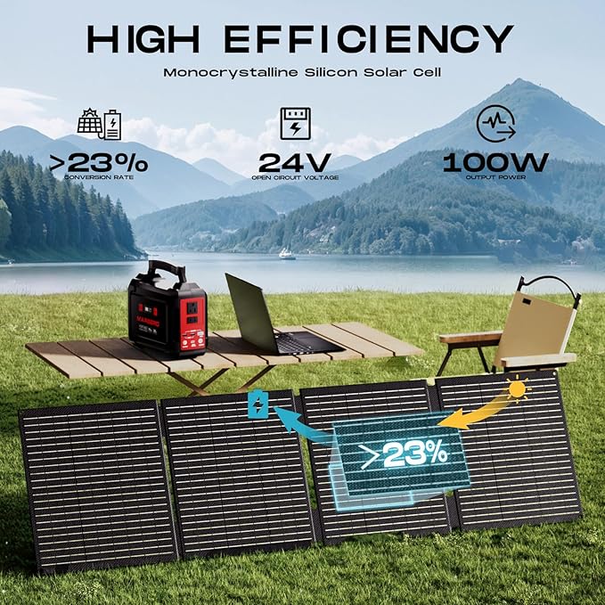 MARBERO 100W Portable Solar Panel IP68 Waterproof 100 Watt 20V Foldable Solar Panel Charger for Power Station QC3.0 USB &amp DC Output &gt23% High Efficiency for Camping Outdoor Home RV Blackout Clo