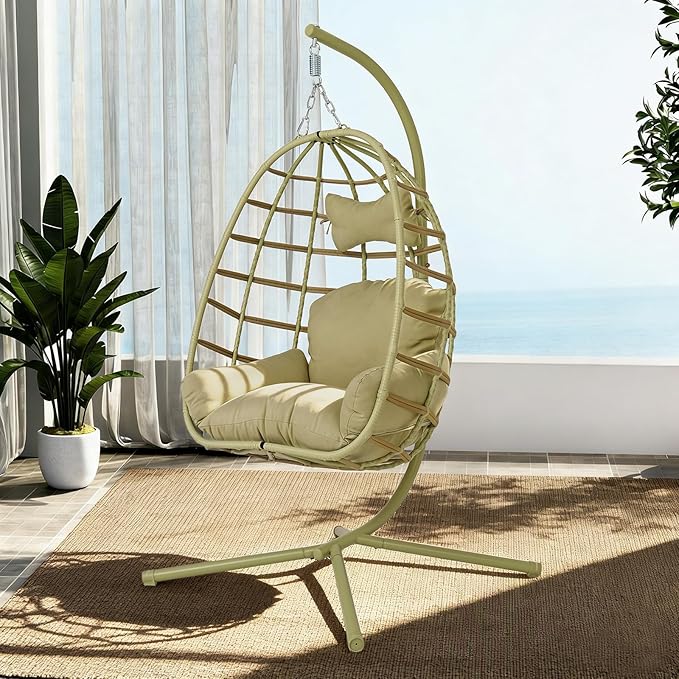 Hanging Egg Chair with Stand Outdoor Indoor Patio Rattan Swing Hammock Chairs with Washable Cushion 350lbs Capacity PE Wicker Swing Chair for Backyard Bedroom Garden (Cyan + Cyan Cushion)