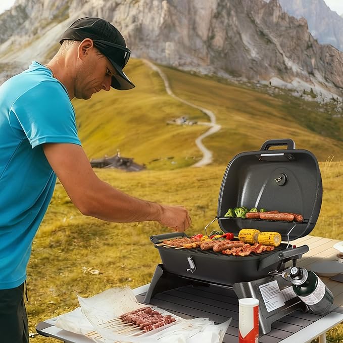 Royal Gourmet GT2006 Portable Tabletop Gas Grill 12000 BTU Output for Outdoor Camping Foldable Legs Piezo Ignition Built-in Thermometer for Tailgates and Camping Trips Dark Gray