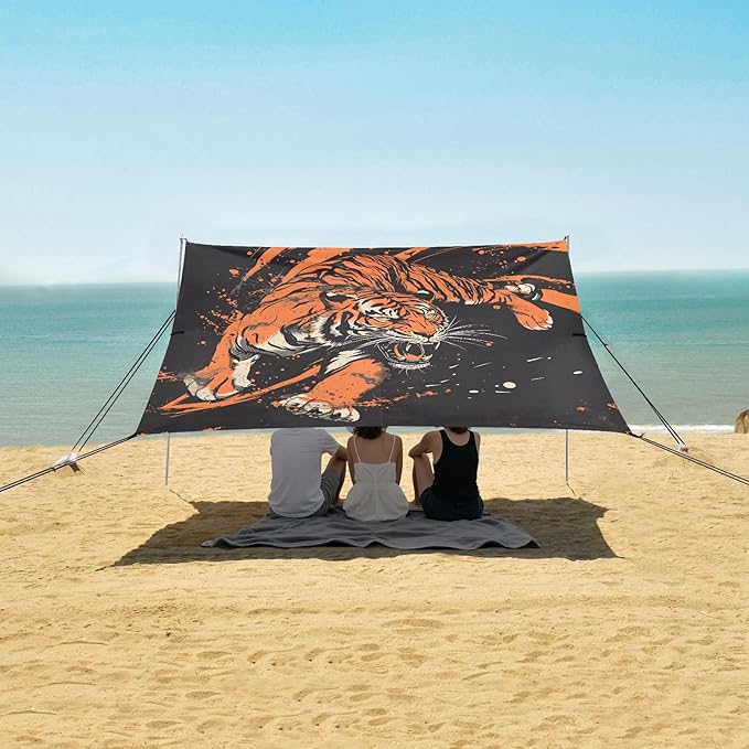 ALAZA Fighting Tiger Beach Tent Sun Shelter UPF50+ Protection Beach Shade Canopy w/ 4 Sandbags for Outdoor Camping Fishing Backyard Fun Picnic 10x9 ft