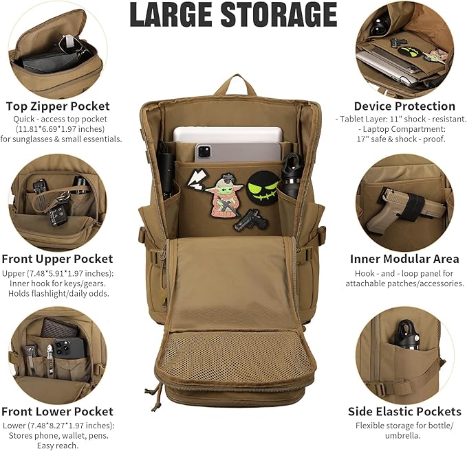 45L Tactical Backpack Military Molle Backpack with 17 Laptop Compartment Survival Large Hiking Travel Rucksack for Outdoors
