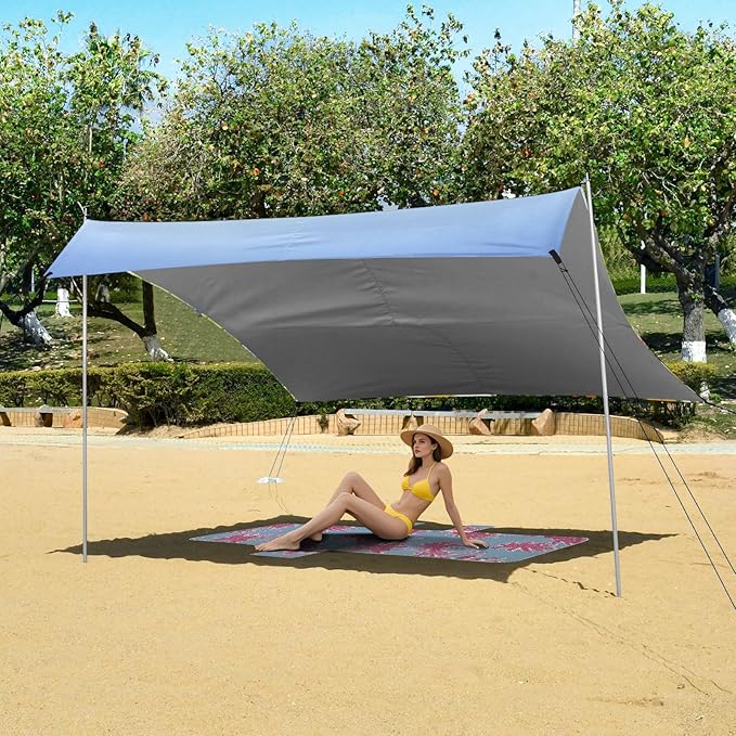 Beach Canopy with Windproof Ropes &amp Sandbags Beach Tent Sun Shade Sun Shelter for Camping Trips Fishing Backyard Fun or Picnics Landscape