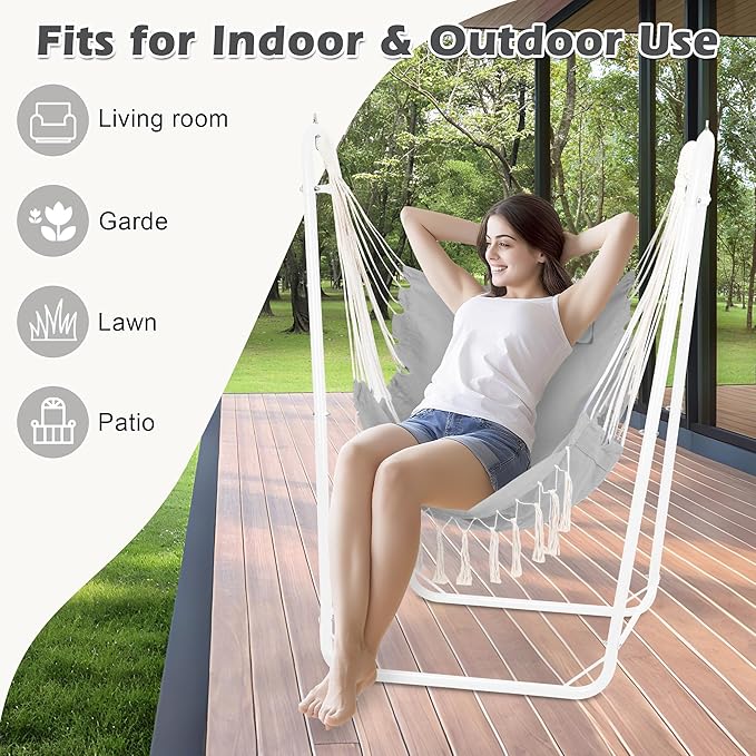 U-Shaped Hammock Chair with Stand Indoor &amp Outdoor Heavy-Duty Metal Frame Hammock Swing Stand Chair with Side Pockets for Brackyard Patio Porch (Light Gray)