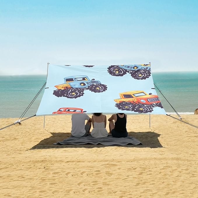 ALAZA Truck Cartoon on Blue Beach Tent Sun Shelter Portable Canopy Sunshade for Outdoor Camping Picnics Backyard Fun 10x9 ft