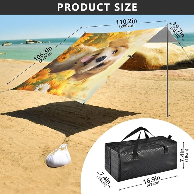 ALAZA Cute Puppy Dog Daisy Beach Tent Sun Shelter UPF50+ Protection Beach Shade Canopy w/ 4 Sandbags for Outdoor Camping Fishing Backyard Fun Picnic 10x9 ft