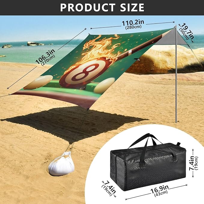 ALAZA Pool Cue Hitting A Billiard Ball on Fire Beach Tent Sun Shelter Portable Canopy Sunshade for Outdoor Camping Picnics Backyard Fun 10x9 ft