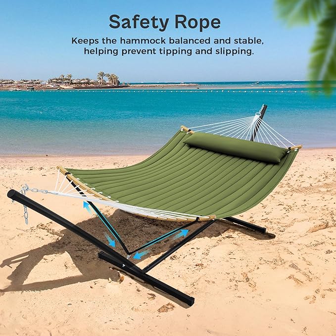 SUPERJARE Curved-Bar Hammock with Stand 2 Person Heavy Duty Hammock Frame Detachable Pillow &amp Portable Carrying Bag Perfect for Outdoor &amp Indoor Spring Green