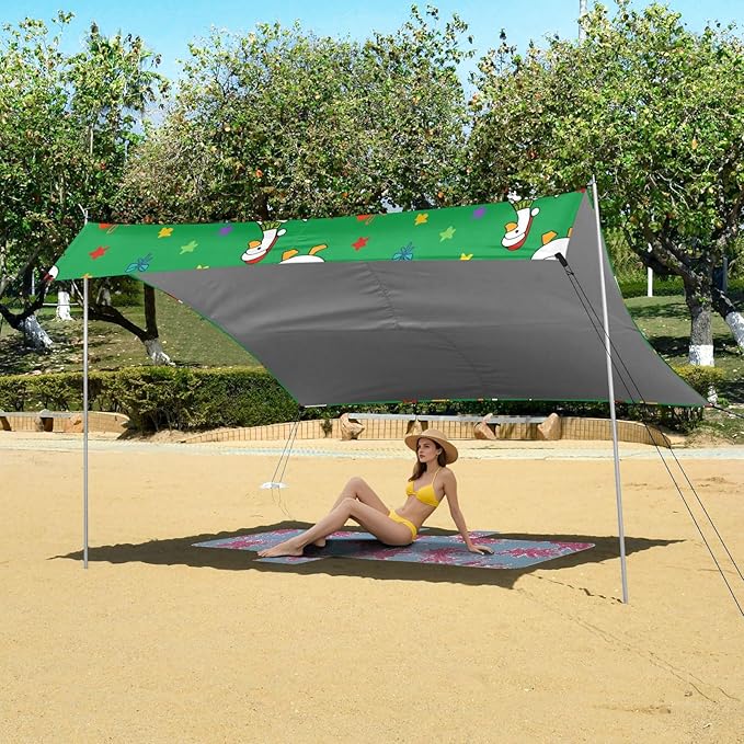 xigua Duck Beach Tent Sun Shelter with Carrying Bag - Silver Coated Oxford Fabric Beach Canopy for Beach Camping Fishing - Includes Windproof Ropes Sandbags &amp Stakes